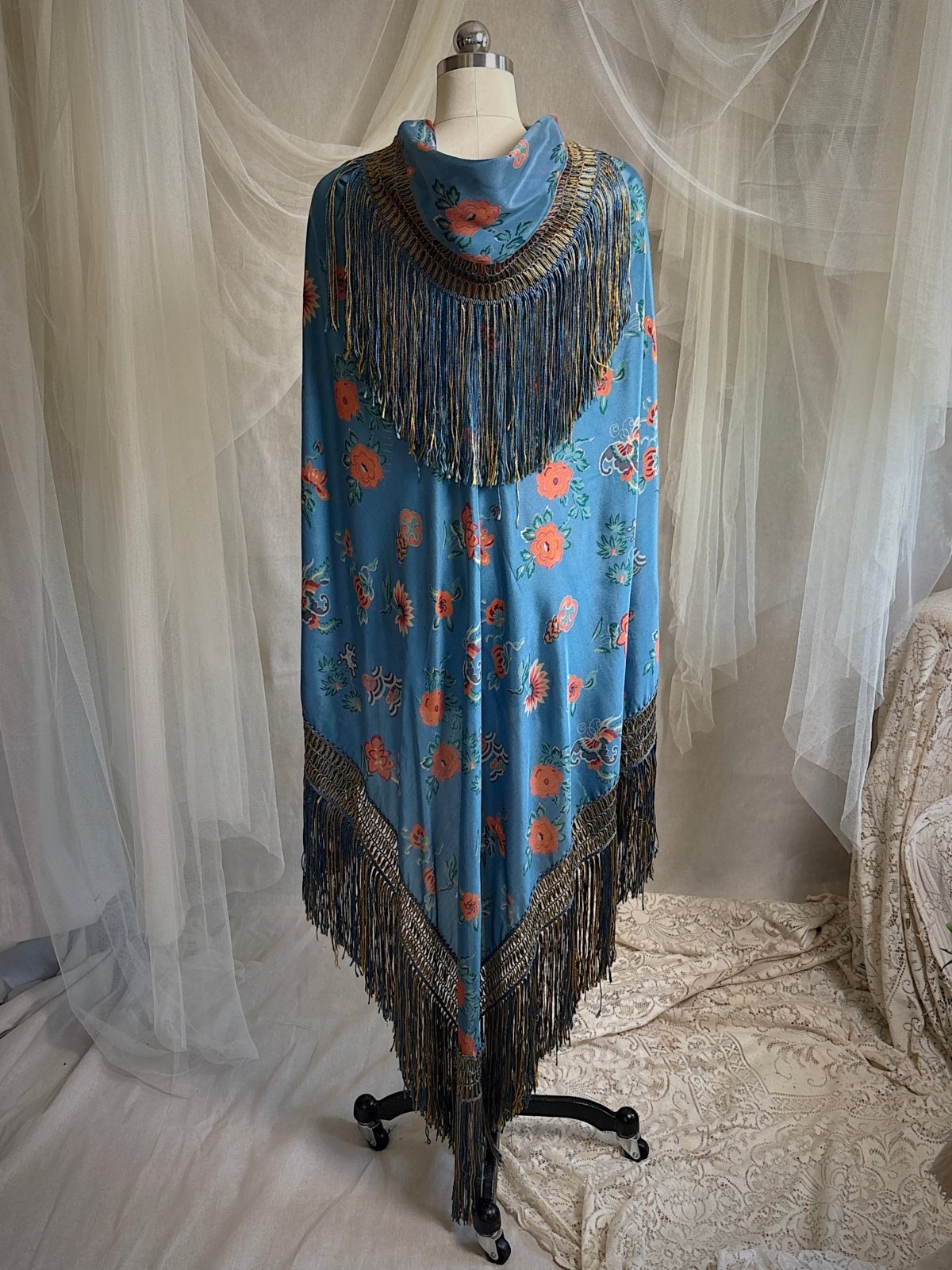 Antique 1920's Piano Shawl - Deep Ash Blue Silk with Bold Coral Floral Motif & Gold Silk Fringe | 62 x 62 inches - Daggers & Dames