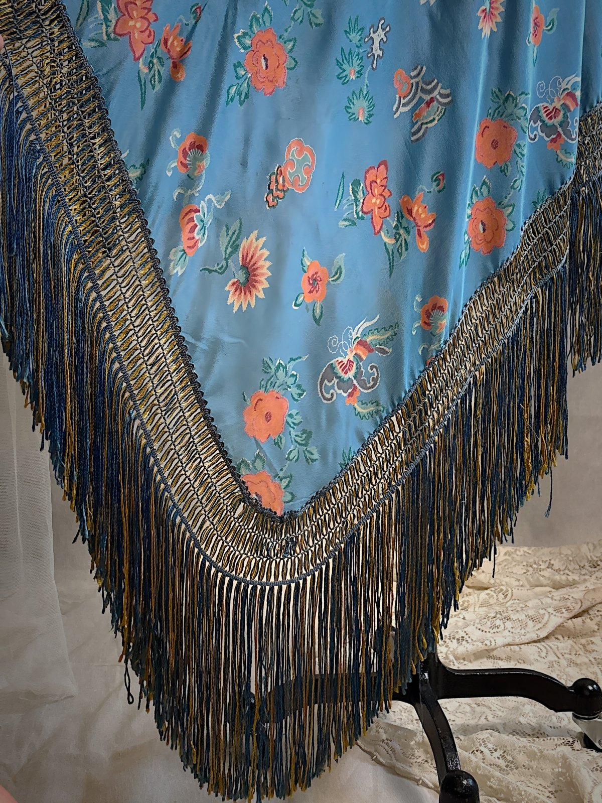 Antique 1920's Piano Shawl - Deep Ash Blue Silk with Bold Coral Floral Motif & Gold Silk Fringe | 62 x 62 inches - Daggers & Dames