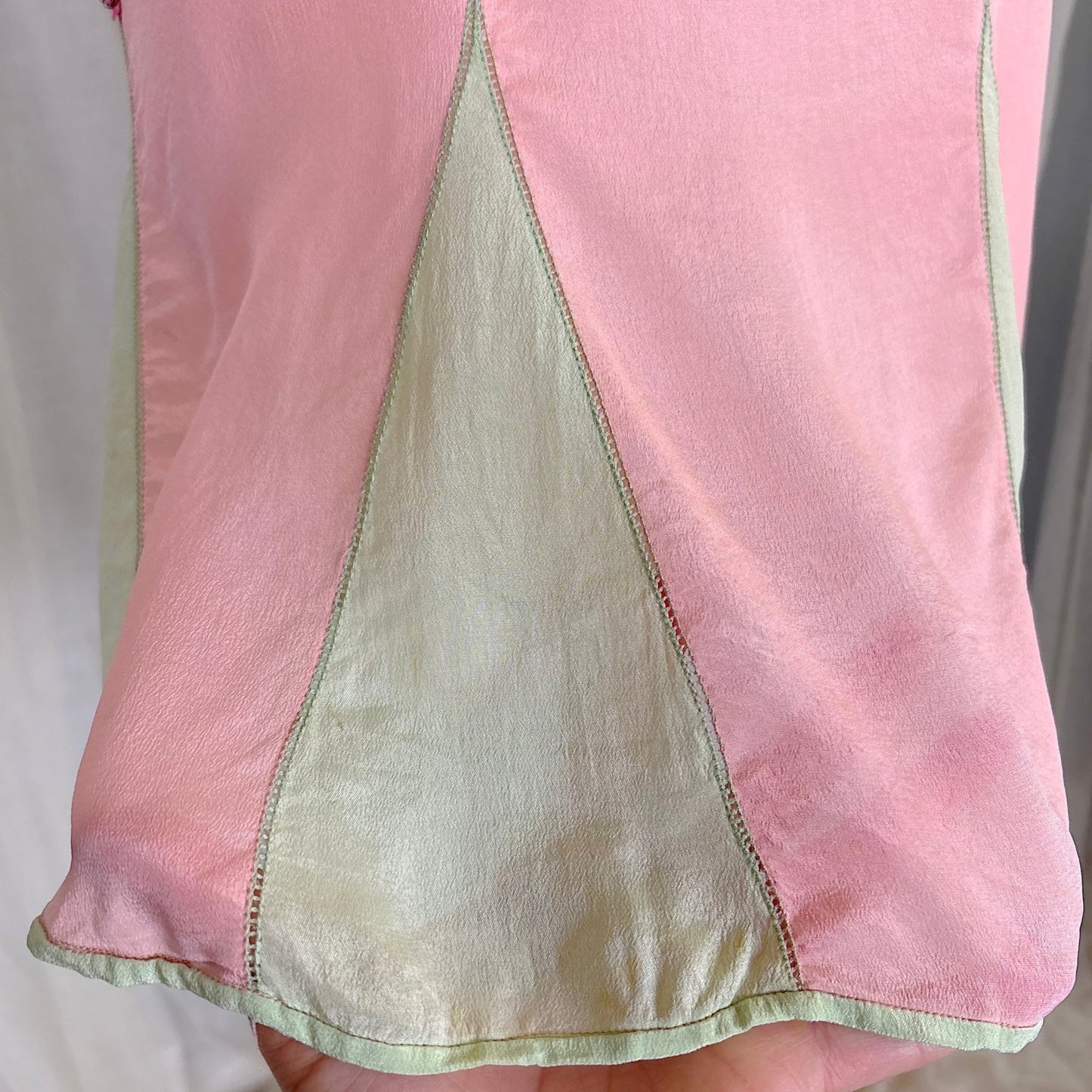 Antique 1920's Tea Rose Pink Silk Chemise with Mint Green Gores - by Dainty Maid, size XS, S - Daggers & Dames