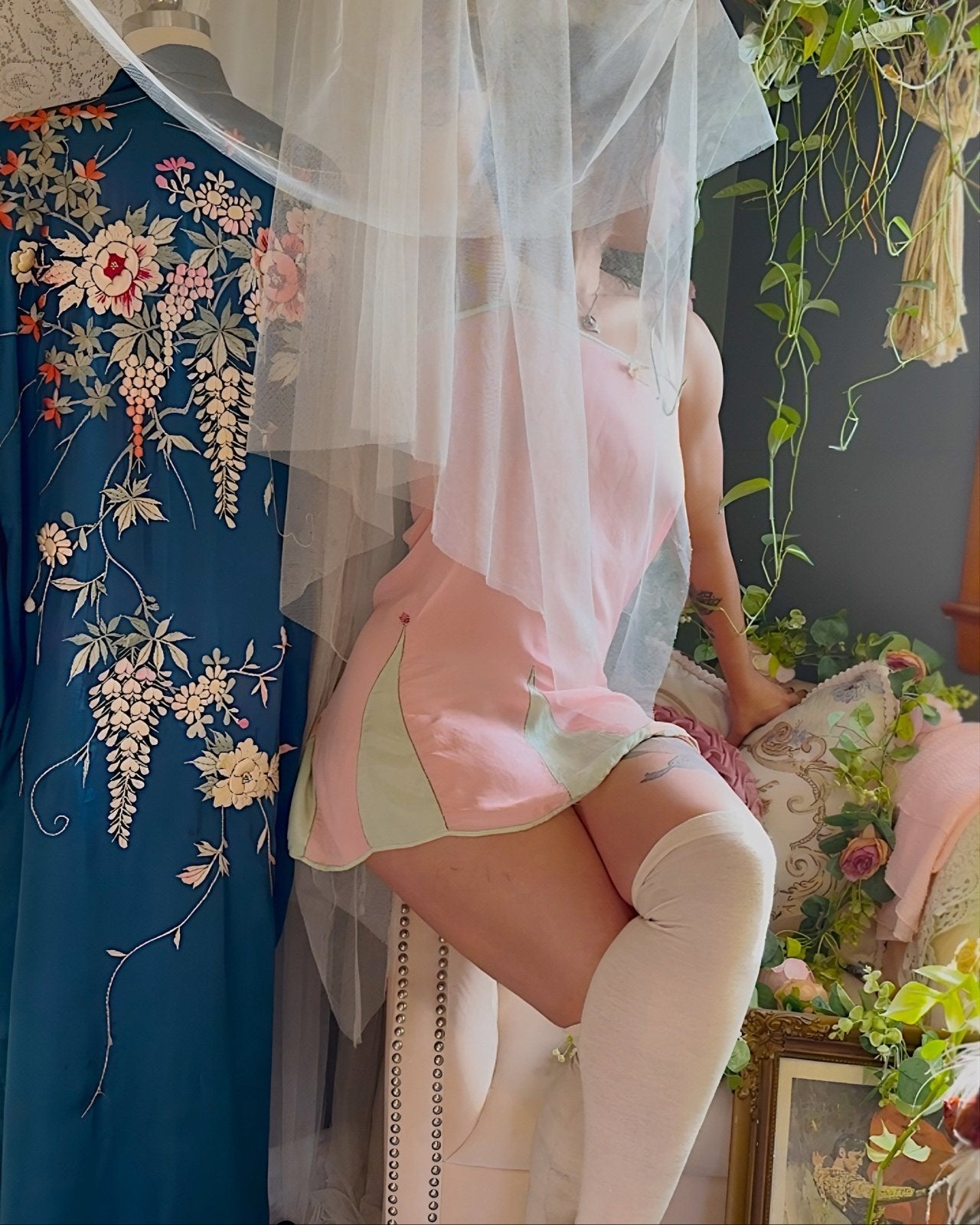 Antique 1920's Tea Rose Pink Silk Chemise with Mint Green Gores - by Dainty Maid, size XS, S - Daggers & Dames