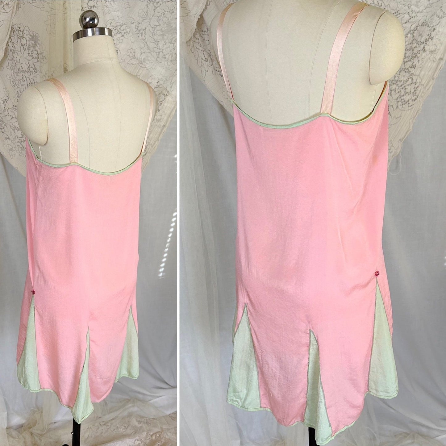 Antique 1920's Tea Rose Pink Silk Chemise with Mint Green Gores - by Dainty Maid, size XS, S - Daggers & Dames
