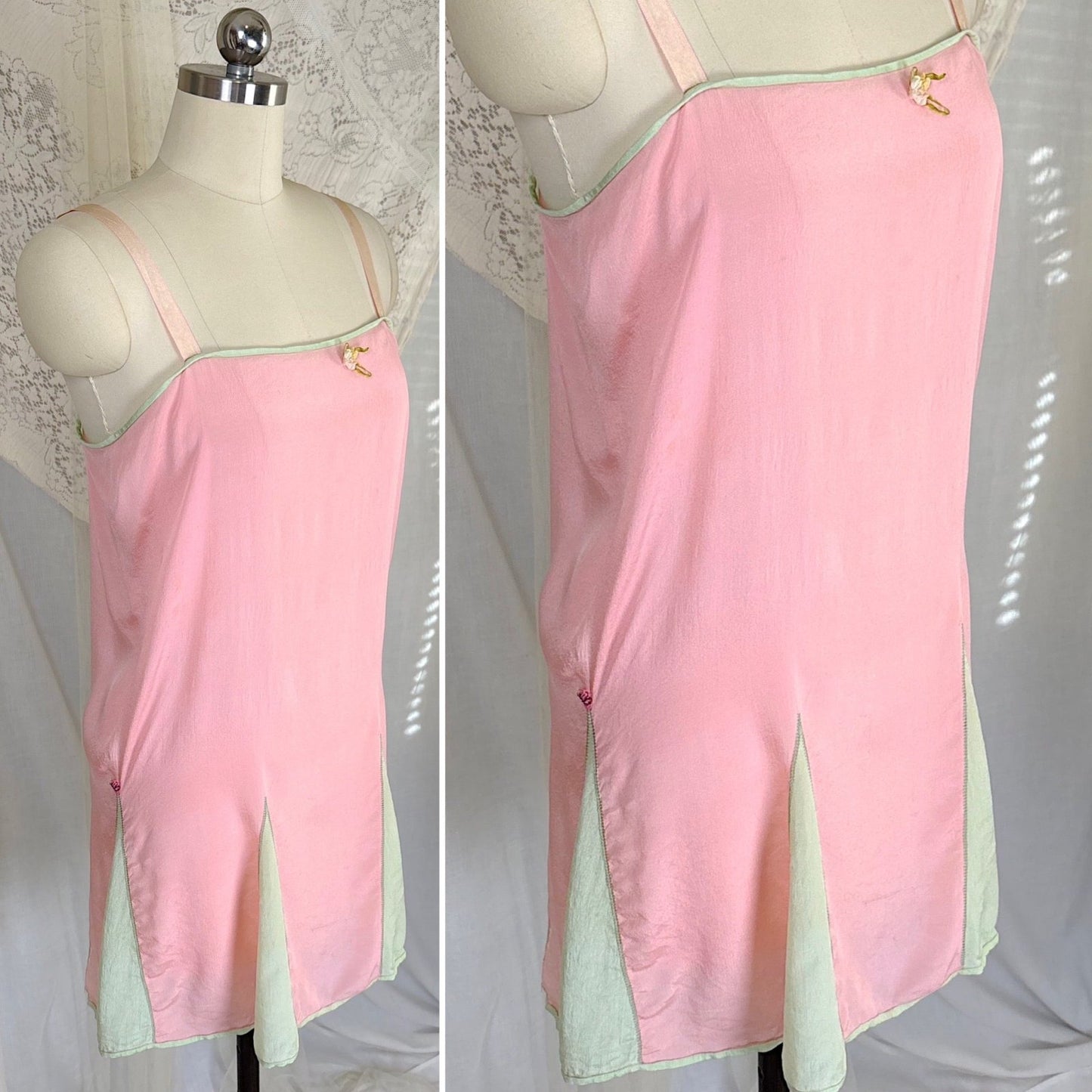 Antique 1920's Tea Rose Pink Silk Chemise with Mint Green Gores - by Dainty Maid, size XS, S - Daggers & Dames