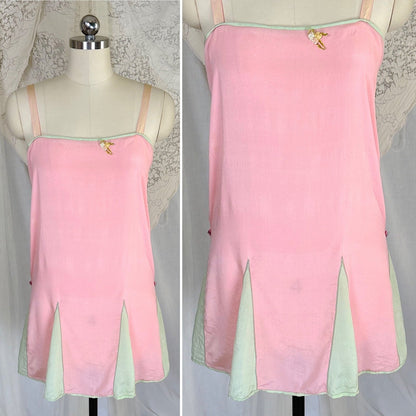 Antique 1920's Tea Rose Pink Silk Chemise with Mint Green Gores - by Dainty Maid, size XS, S - Daggers & Dames