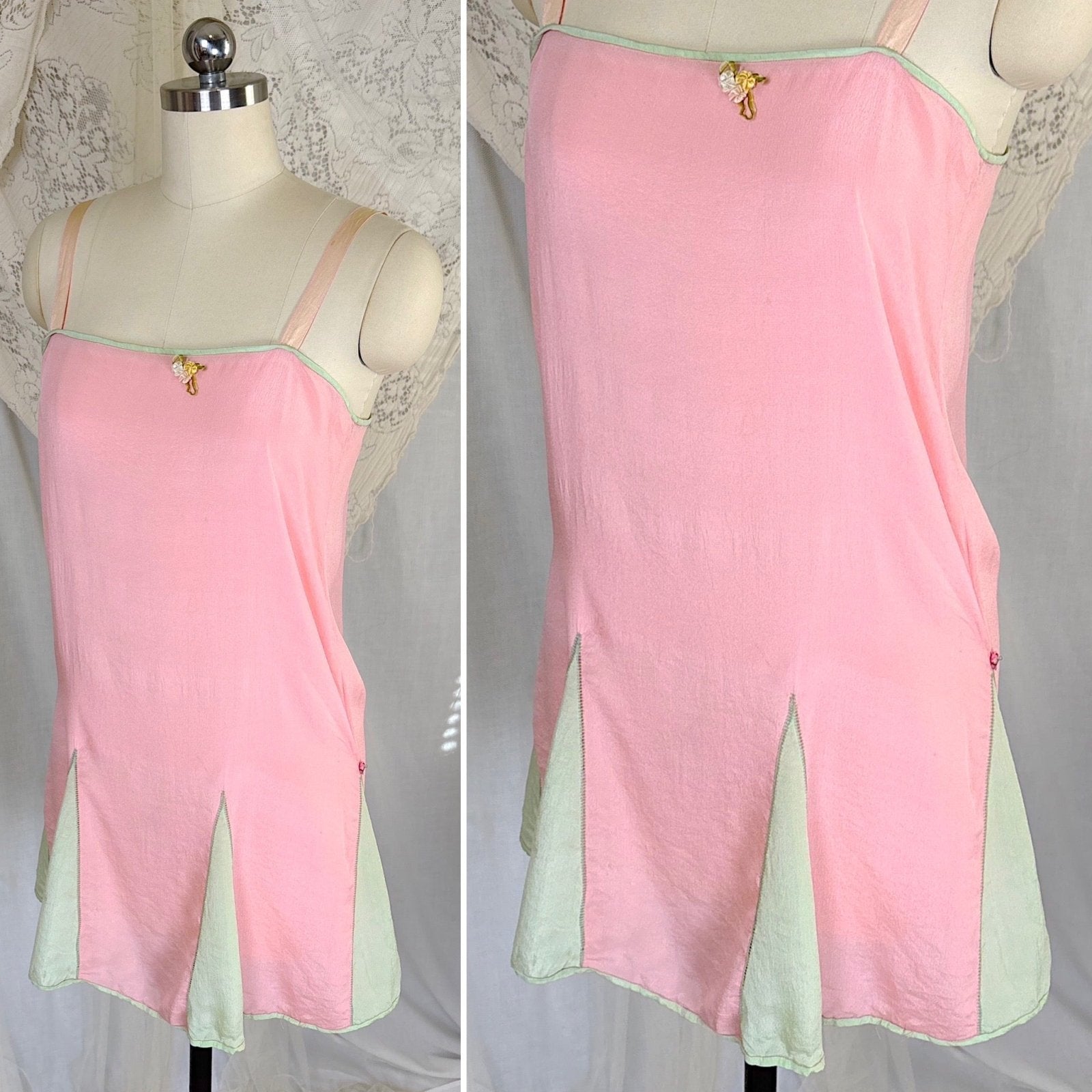 Antique 1920's Tea Rose Pink Silk Chemise with Mint Green Gores - by Dainty Maid, size XS, S - Daggers & Dames