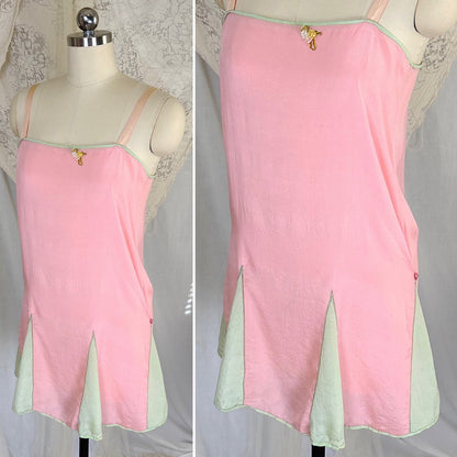 Antique 1920's Tea Rose Pink Silk Chemise with Mint Green Gores - by Dainty Maid, size XS, S - Daggers & Dames