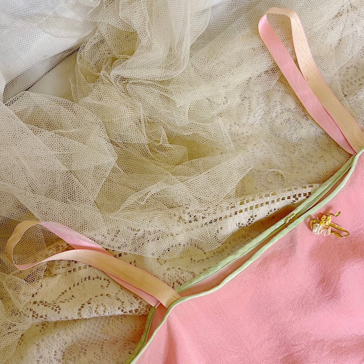 Antique 1920's Tea Rose Pink Silk Chemise with Mint Green Gores - by Dainty Maid, size XS, S - Daggers & Dames