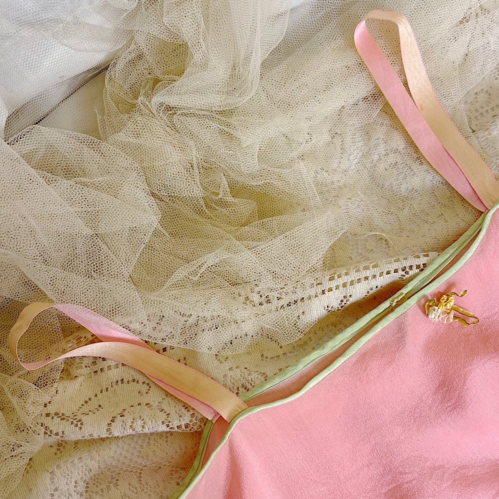 Antique 1920's Tea Rose Pink Silk Chemise with Mint Green Gores - by Dainty Maid, size XS, S - Daggers & Dames