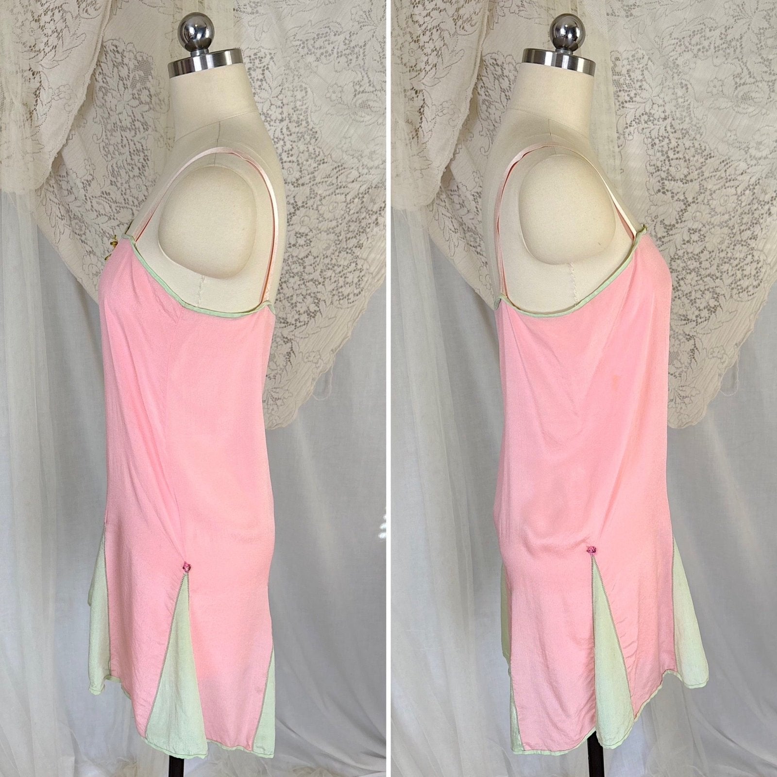 Antique 1920's Tea Rose Pink Silk Chemise with Mint Green Gores - by Dainty Maid, size XS, S - Daggers & Dames