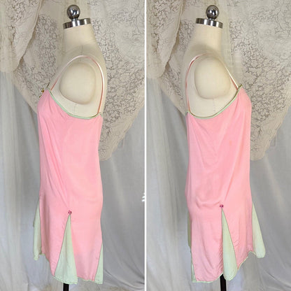 Antique 1920's Tea Rose Pink Silk Chemise with Mint Green Gores - by Dainty Maid, size XS, S - Daggers & Dames