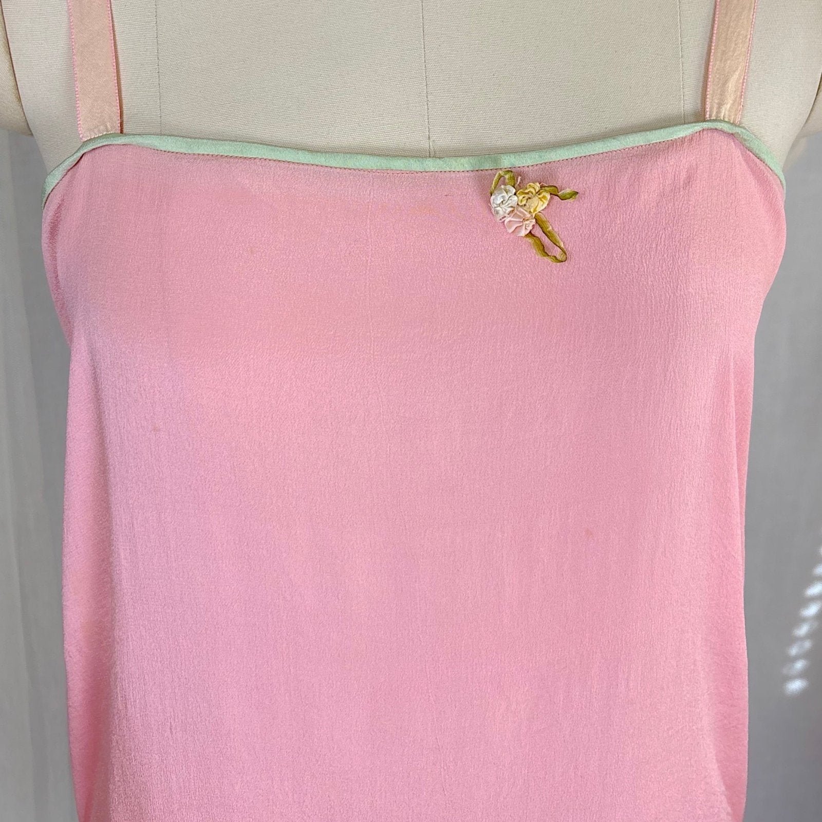 Antique 1920's Tea Rose Pink Silk Chemise with Mint Green Gores - by Dainty Maid, size XS, S - Daggers & Dames