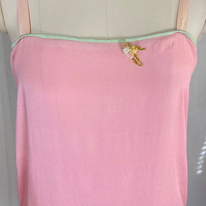 Antique 1920's Tea Rose Pink Silk Chemise with Mint Green Gores - by Dainty Maid, size XS, S - Daggers & Dames