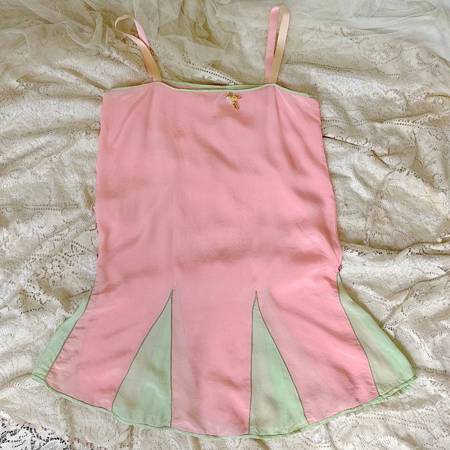 Antique 1920's Tea Rose Pink Silk Chemise with Mint Green Gores - by Dainty Maid, size XS, S - Daggers & Dames