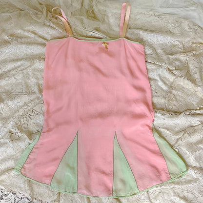 Antique 1920's Tea Rose Pink Silk Chemise with Mint Green Gores - by Dainty Maid, size XS, S - Daggers & Dames