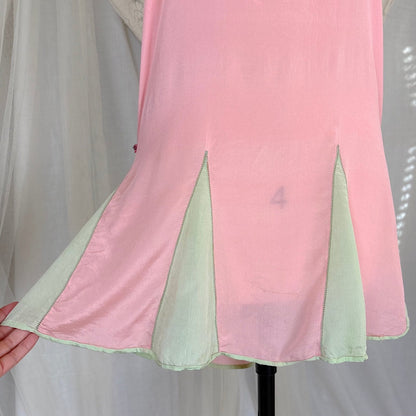 Antique 1920's Tea Rose Pink Silk Chemise with Mint Green Gores - by Dainty Maid, size XS, S - Daggers & Dames
