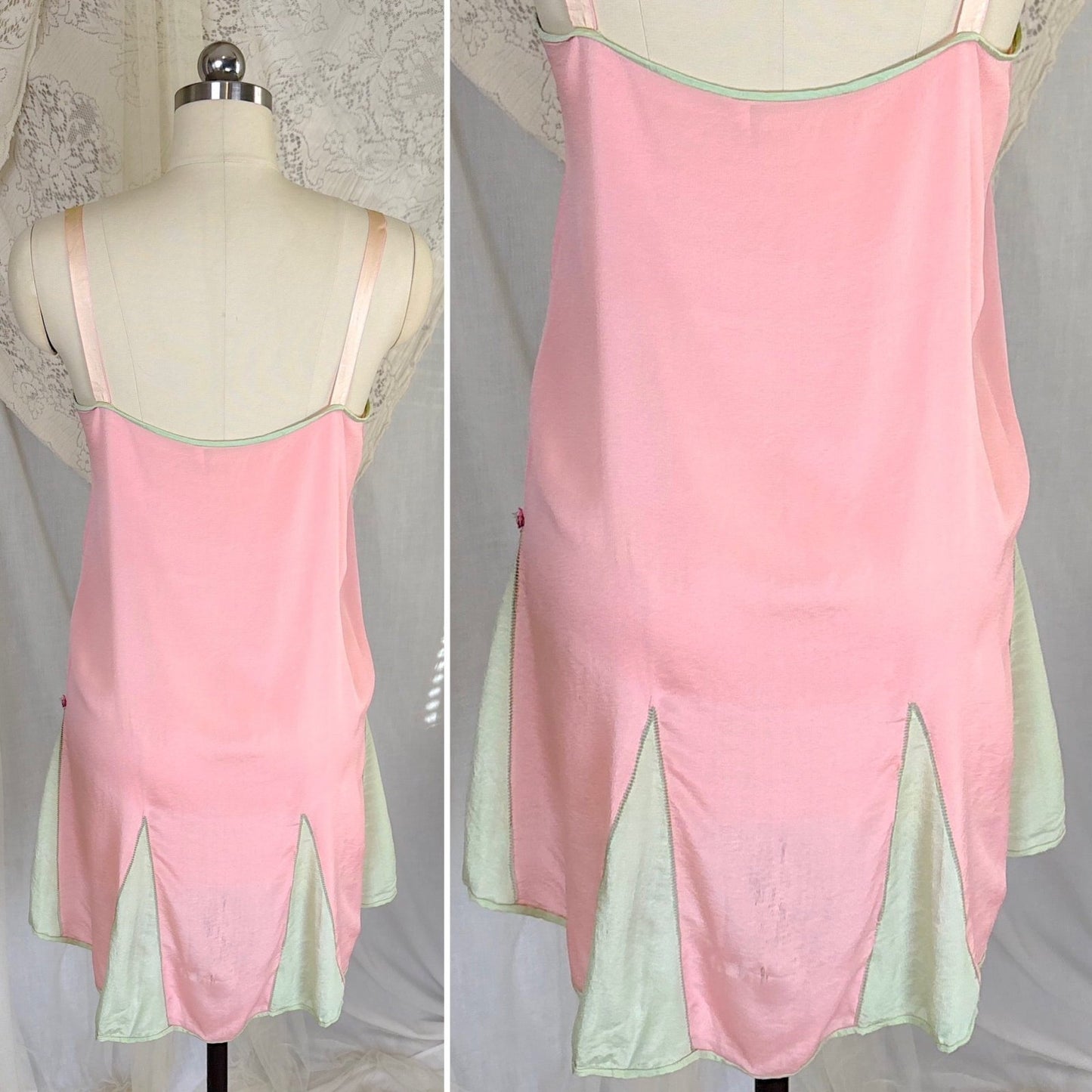 Antique 1920's Tea Rose Pink Silk Chemise with Mint Green Gores - by Dainty Maid, size XS, S - Daggers & Dames