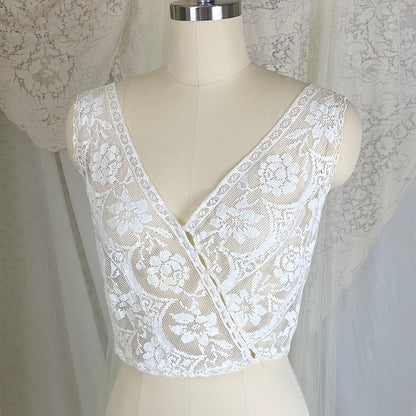 Antique Edwardian 1910's Filet Lace Camisole with Asymmetrical Button Closure, size M - Daggers & Dames
