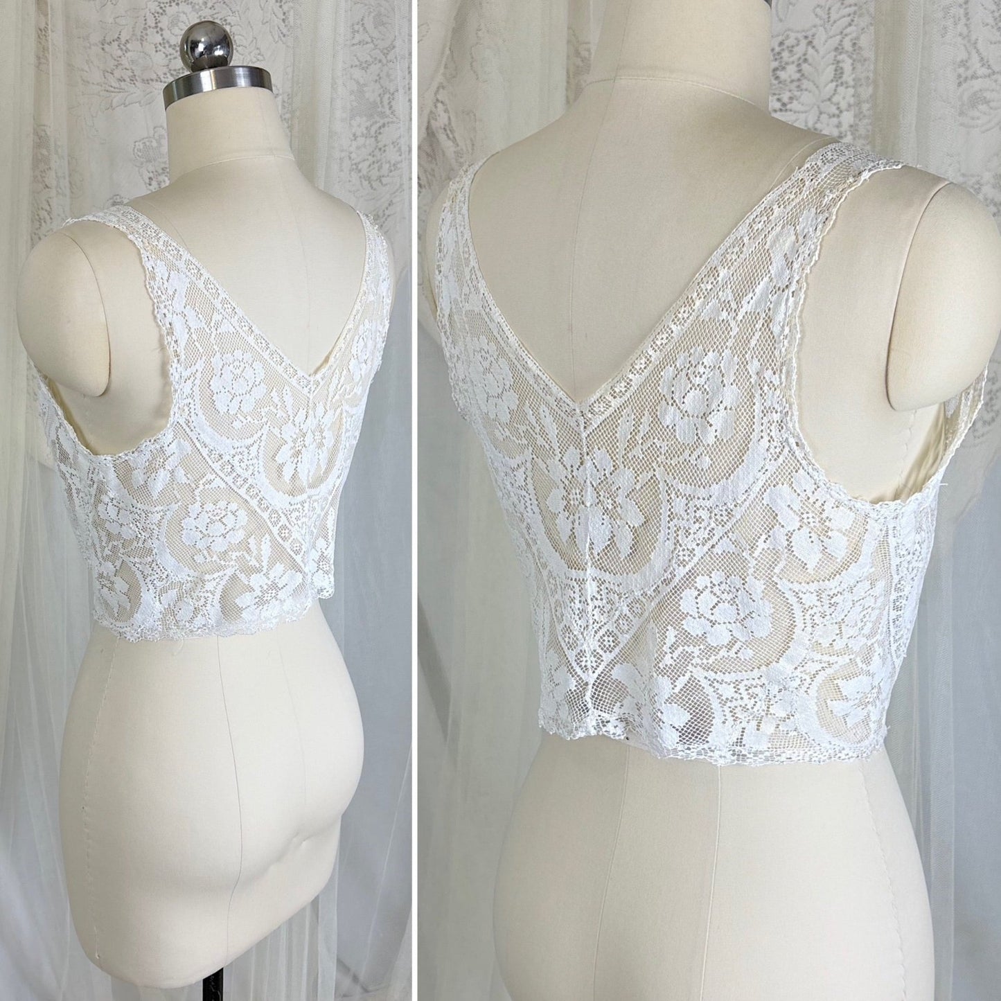Antique Edwardian 1910's Filet Lace Camisole with Asymmetrical Button Closure, size M - Daggers & Dames