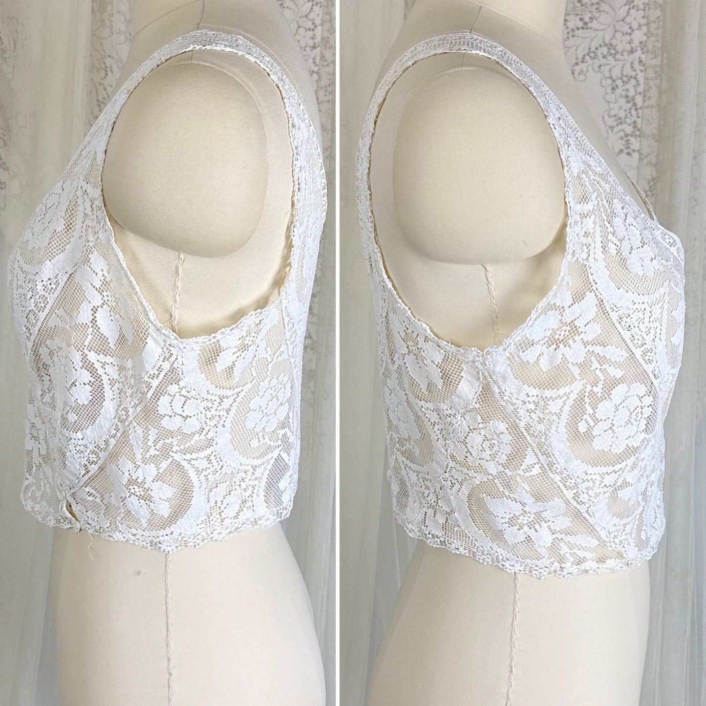 Antique Edwardian 1910's Filet Lace Camisole with Asymmetrical Button Closure, size M - Daggers & Dames