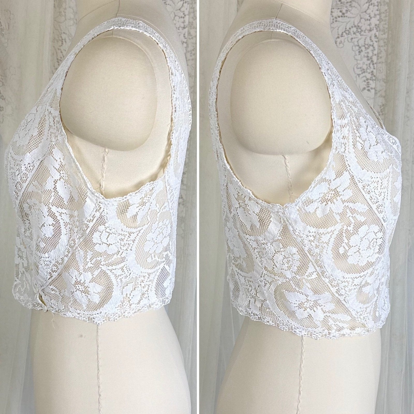 Antique Edwardian 1910's Filet Lace Camisole with Asymmetrical Button Closure, size M - Daggers & Dames