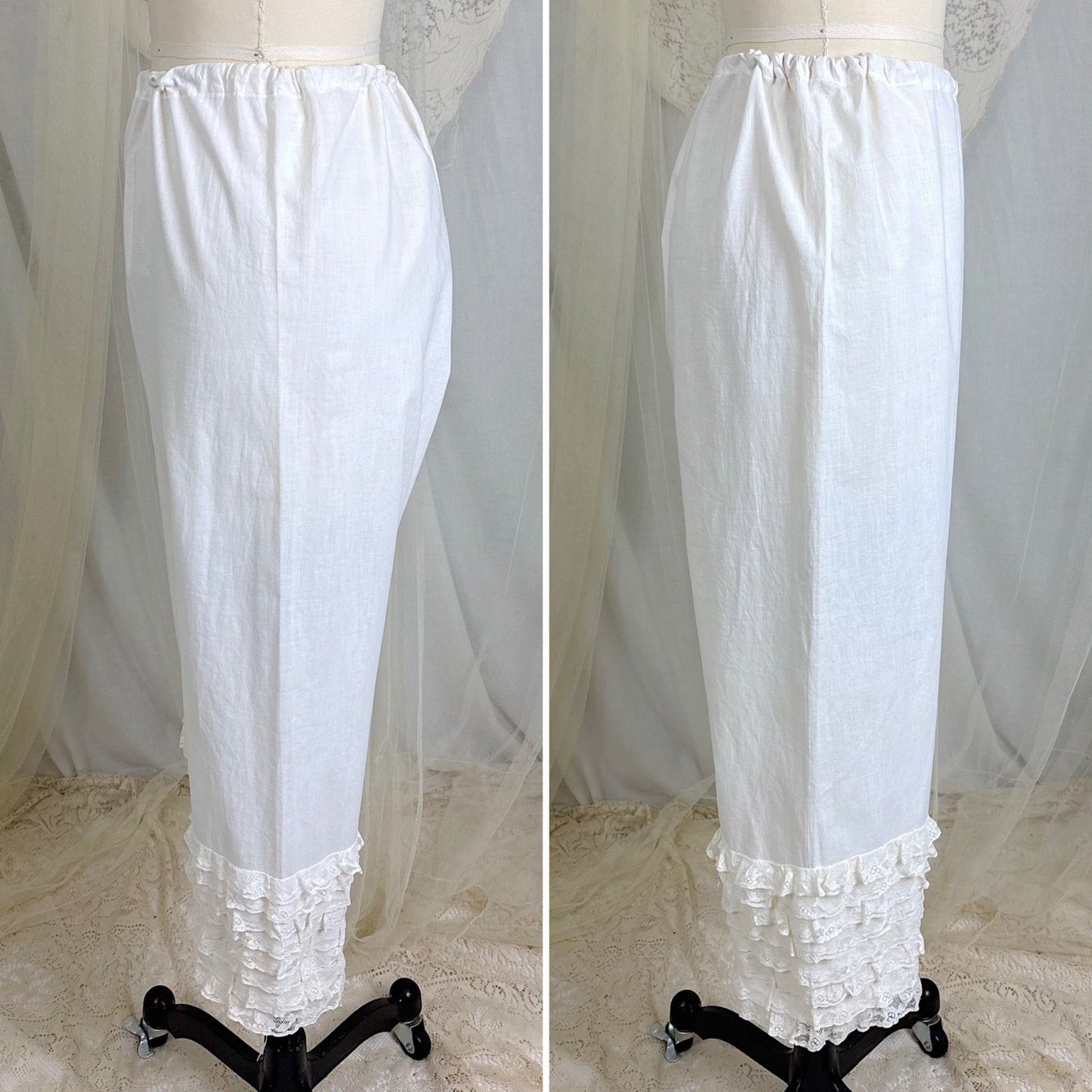 Antique Edwardian 1910's White Cotton Bloomers with Ruffled Bobbin Lace, size S, M, LG - Daggers & Dames