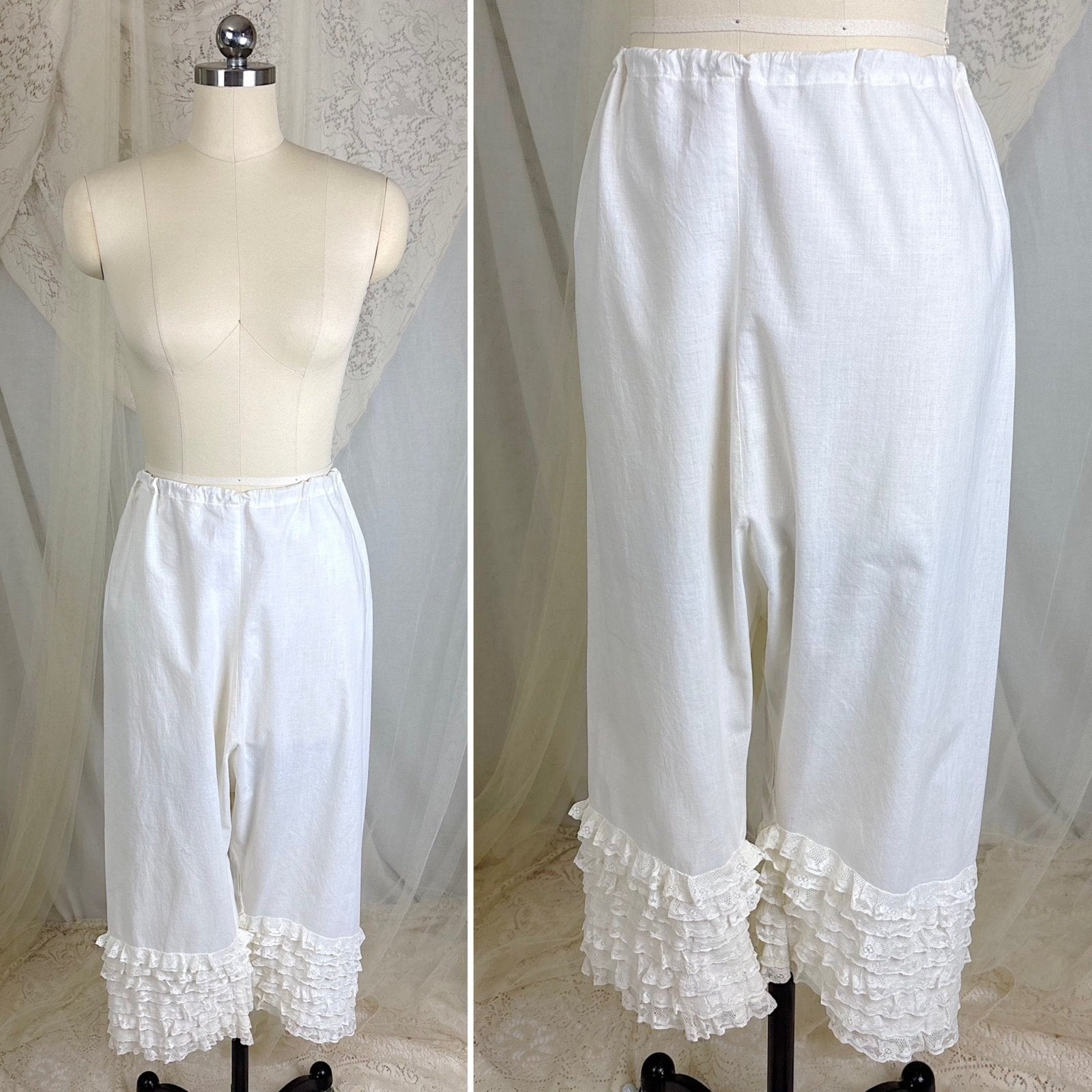 Antique Edwardian 1910's White Cotton Bloomers with Ruffled Bobbin Lace, size S, M, LG - Daggers & Dames