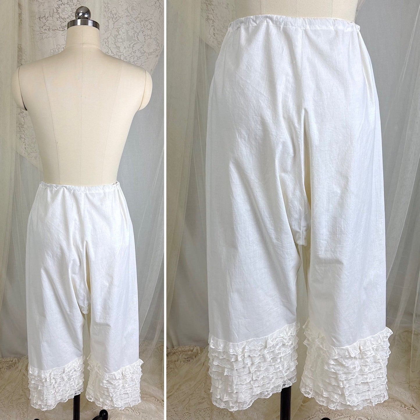 Antique Edwardian 1910's White Cotton Bloomers with Ruffled Bobbin Lace, size S, M, LG - Daggers & Dames