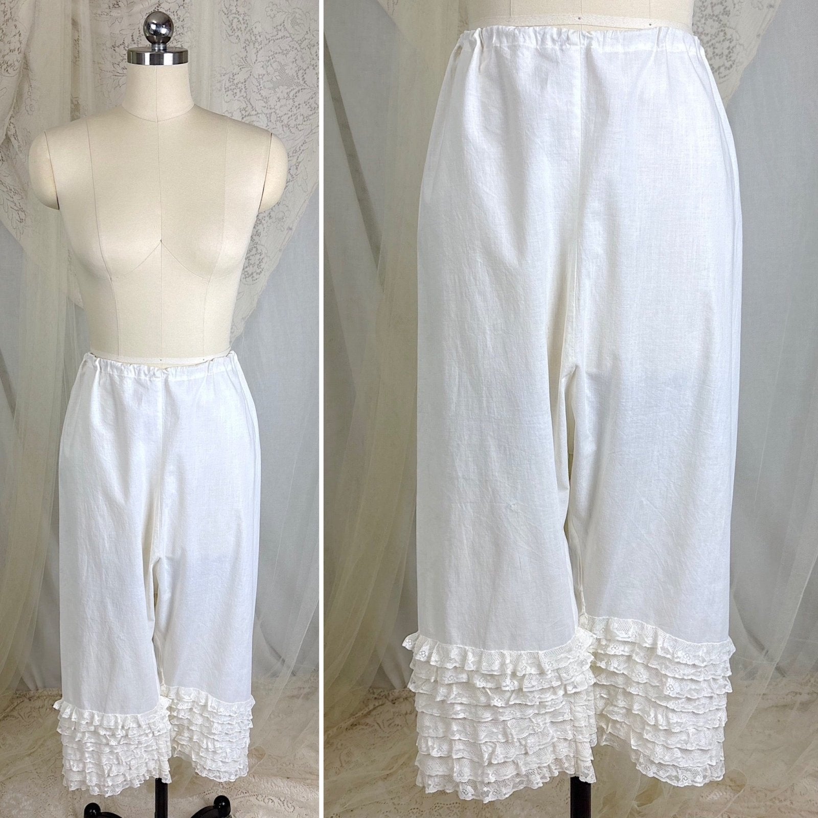Antique Edwardian 1910's White Cotton Bloomers with Ruffled Bobbin Lace, size S, M, LG - Daggers & Dames