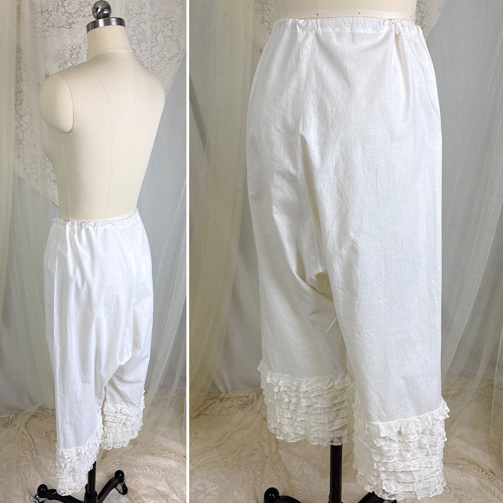 Antique Edwardian 1910's White Cotton Bloomers with Ruffled Bobbin Lace, size S, M, LG - Daggers & Dames