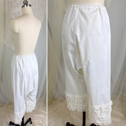 Antique Edwardian 1910's White Cotton Bloomers with Ruffled Bobbin Lace, size S, M, LG - Daggers & Dames