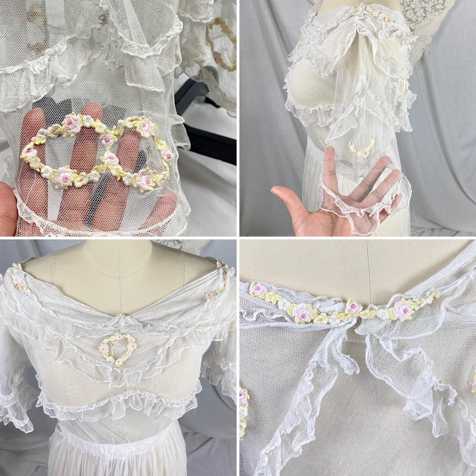 Edwardian Era 1910's Dress | Sheer Ruffled White Tulle with Pastel Hued Floral Embroidery | Size XXS - Daggers & Dames