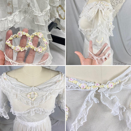 Edwardian Era 1910's Dress | Sheer Ruffled White Tulle with Pastel Hued Floral Embroidery | Size XXS - Daggers & Dames