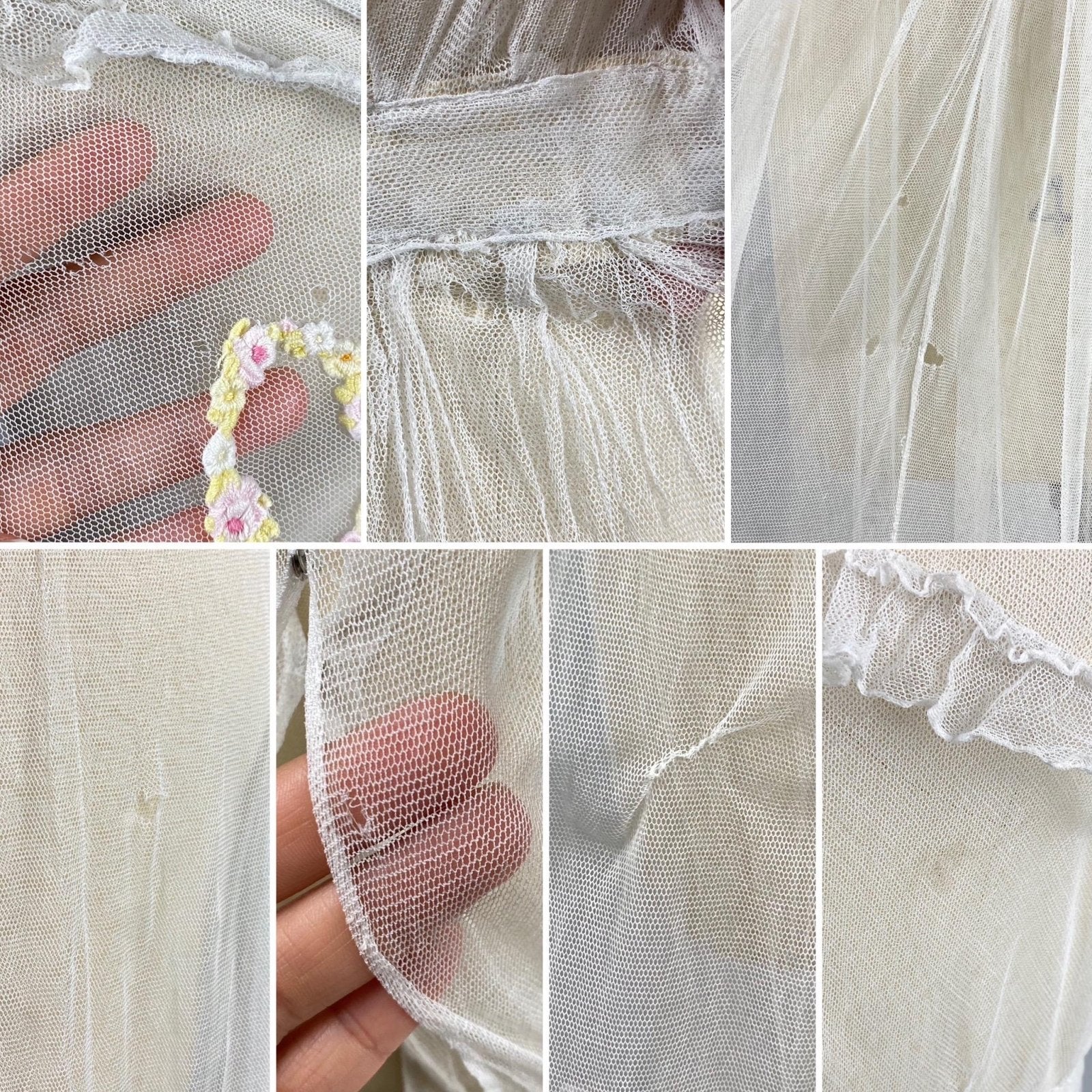 Edwardian Era 1910's Dress | Sheer Ruffled White Tulle with Pastel Hued Floral Embroidery | Size XXS - Daggers & Dames