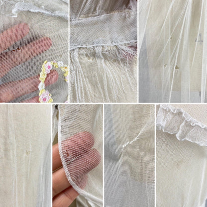 Edwardian Era 1910's Dress | Sheer Ruffled White Tulle with Pastel Hued Floral Embroidery | Size XXS - Daggers & Dames