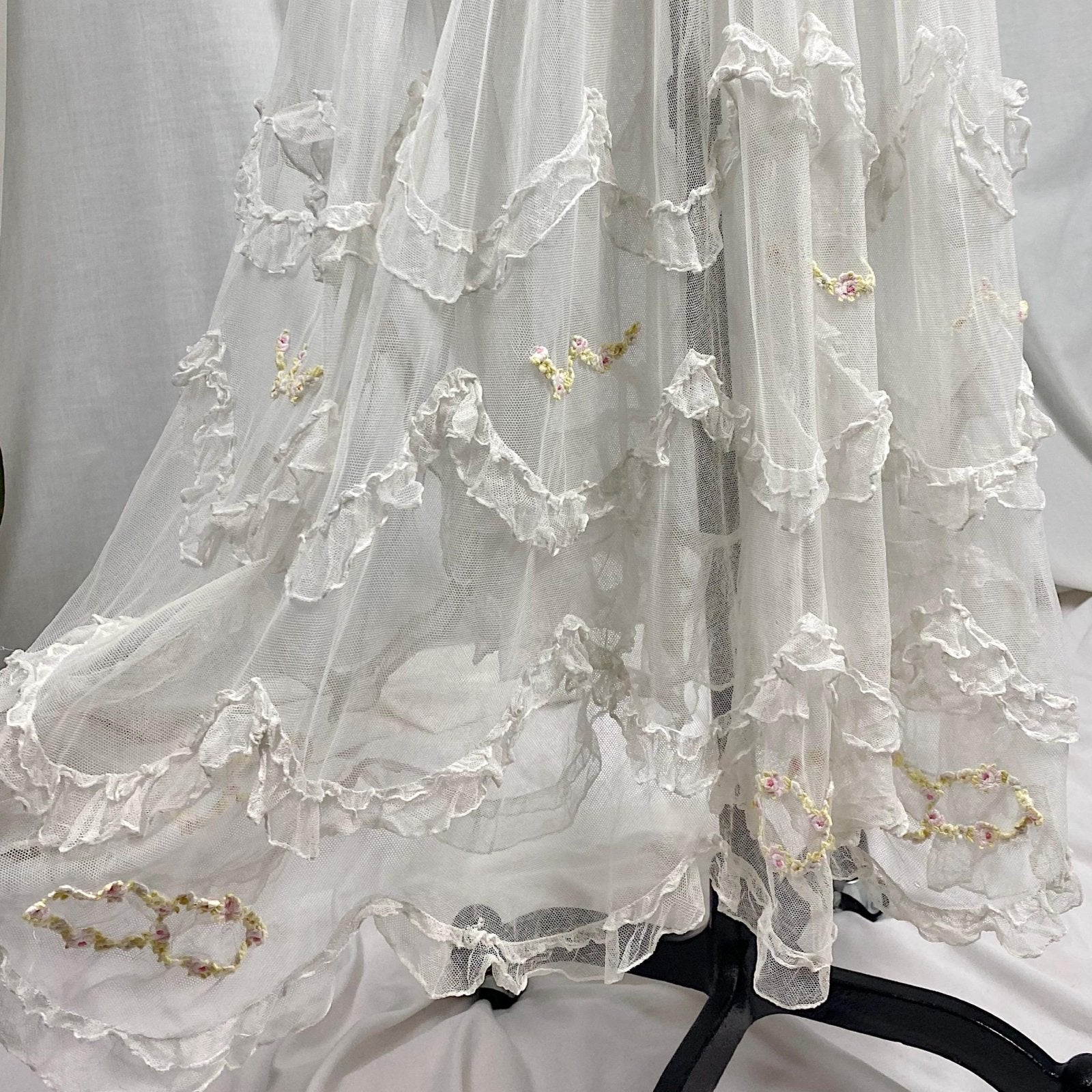 Edwardian Era 1910's Dress | Sheer Ruffled White Tulle with Pastel Hued Floral Embroidery | Size XXS - Daggers & Dames