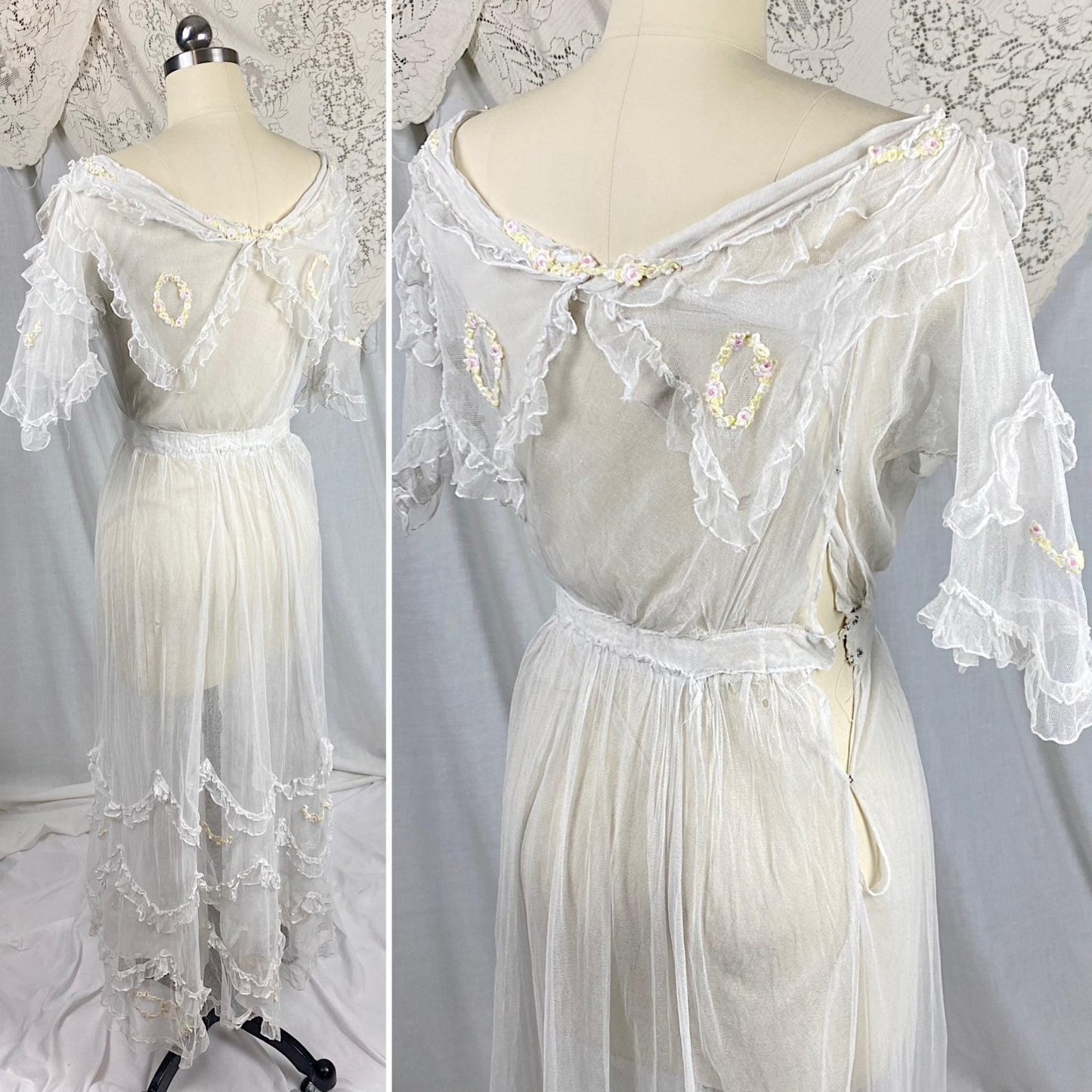 Edwardian Era 1910's Dress | Sheer Ruffled White Tulle with Pastel Hued Floral Embroidery | Size XXS - Daggers & Dames