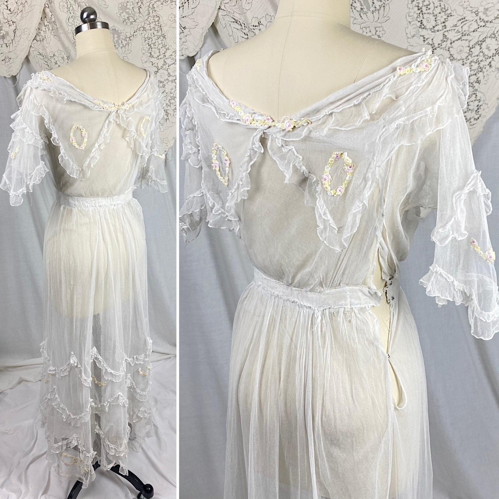 Edwardian Era 1910's Dress | Sheer Ruffled White Tulle with Pastel Hued Floral Embroidery | Size XXS - Daggers & Dames