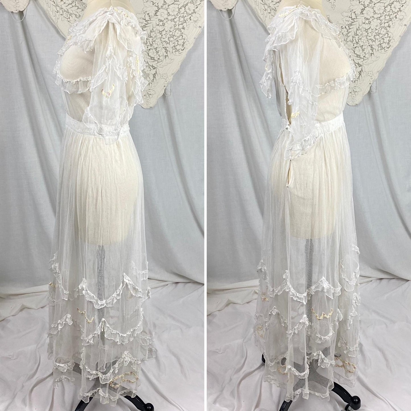 Edwardian Era 1910's Dress | Sheer Ruffled White Tulle with Pastel Hued Floral Embroidery | Size XXS - Daggers & Dames