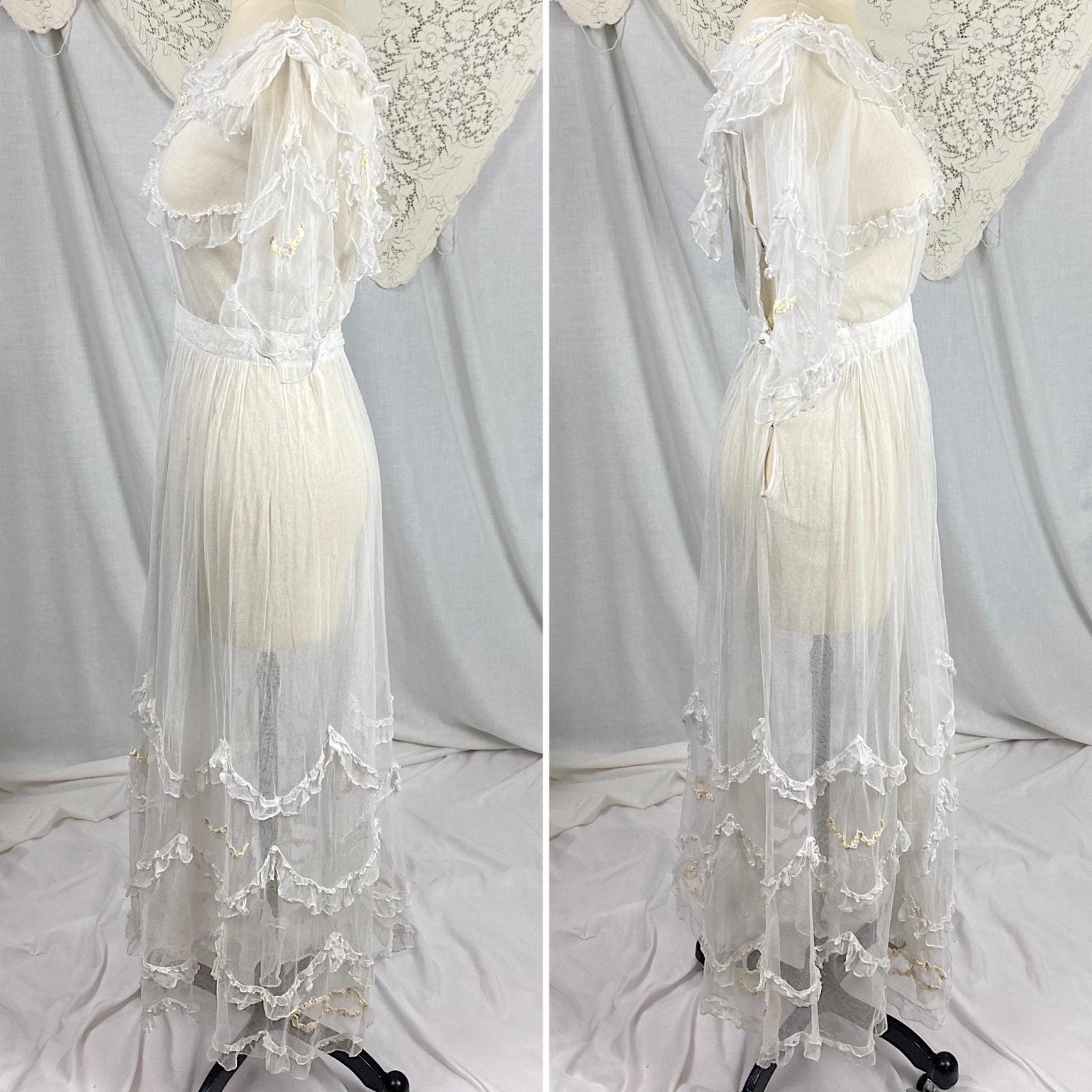 Edwardian Era 1910's Dress | Sheer Ruffled White Tulle with Pastel Hued Floral Embroidery | Size XXS - Daggers & Dames