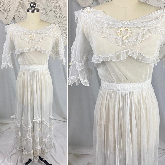 Edwardian Era 1910's Dress | Sheer Ruffled White Tulle with Pastel Hued Floral Embroidery | Size XXS - Daggers & Dames