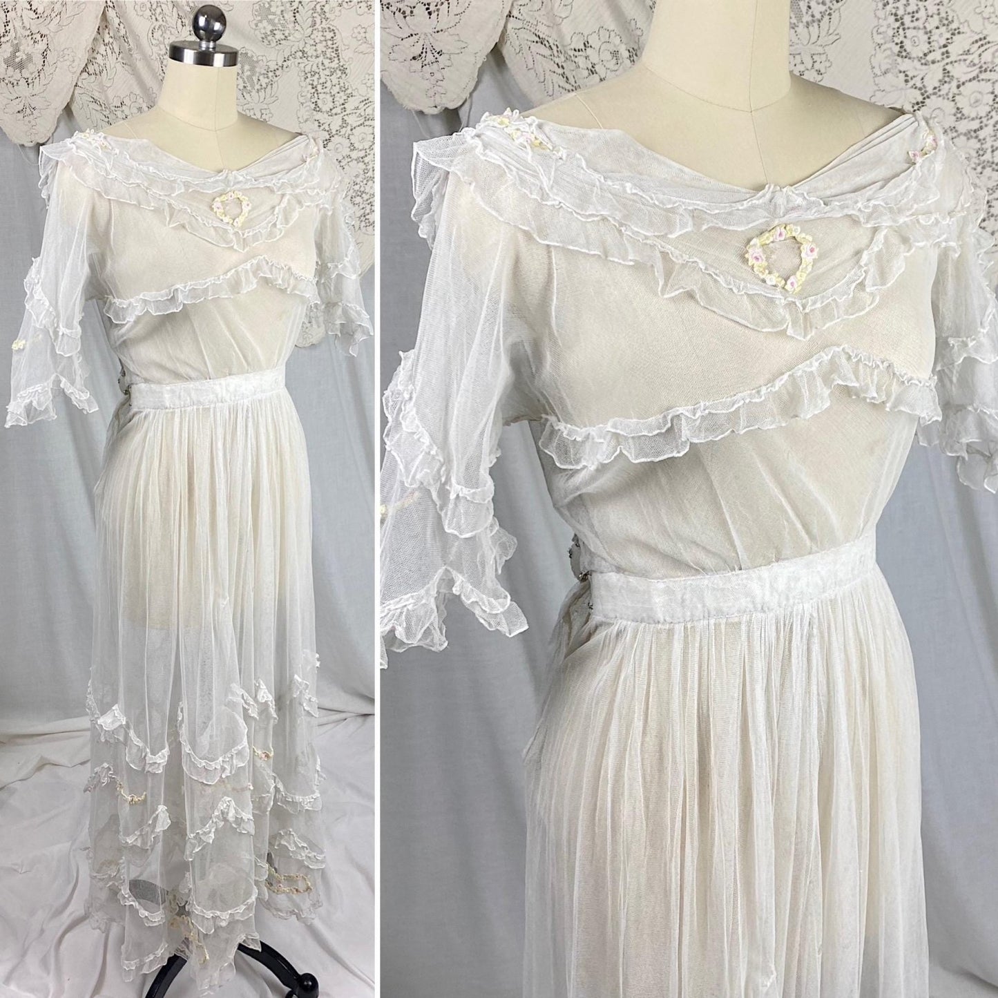 Edwardian Era 1910's Dress | Sheer Ruffled White Tulle with Pastel Hued Floral Embroidery | Size XXS - Daggers & Dames