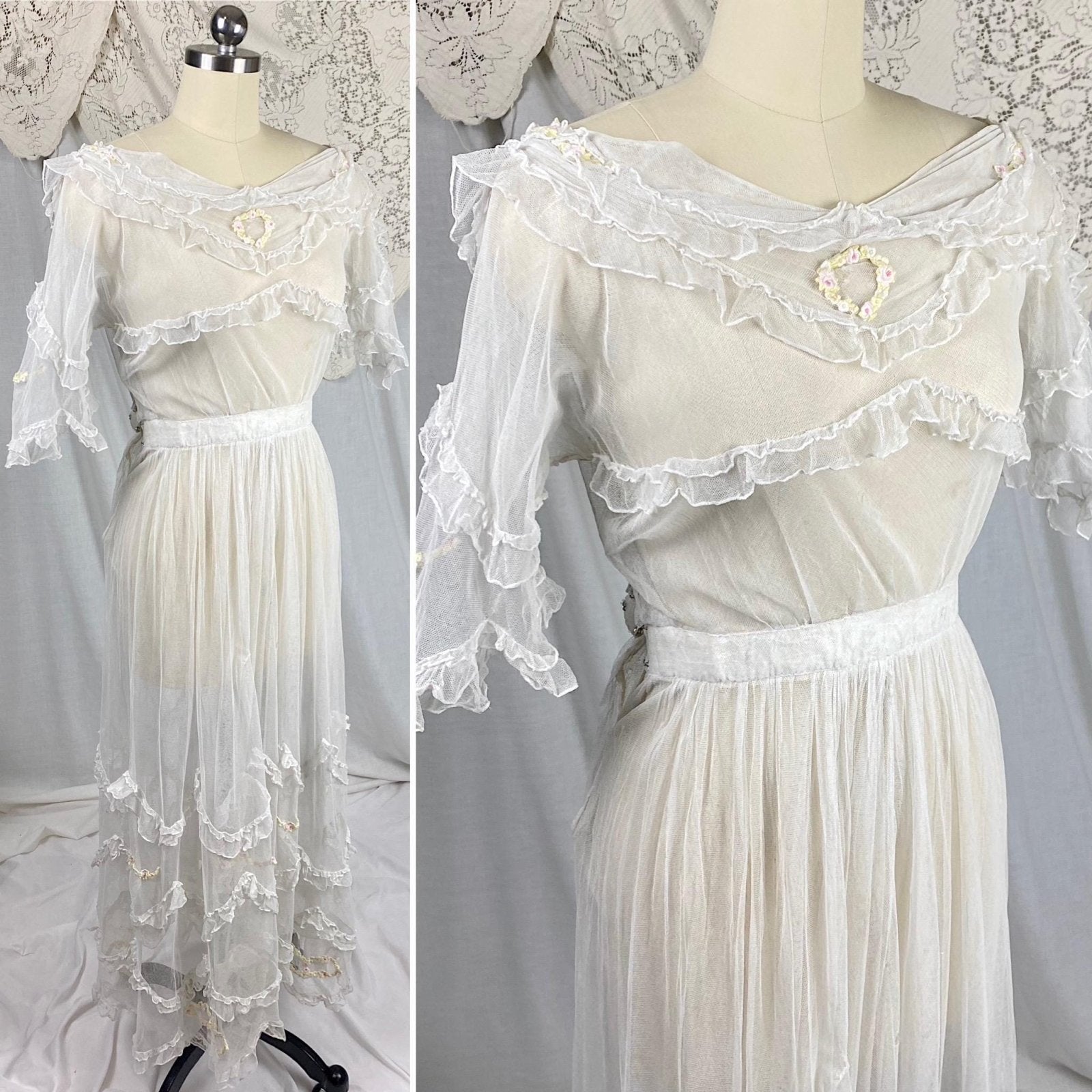 Edwardian Era 1910's Dress | Sheer Ruffled White Tulle with Pastel Hued Floral Embroidery | Size XXS - Daggers & Dames