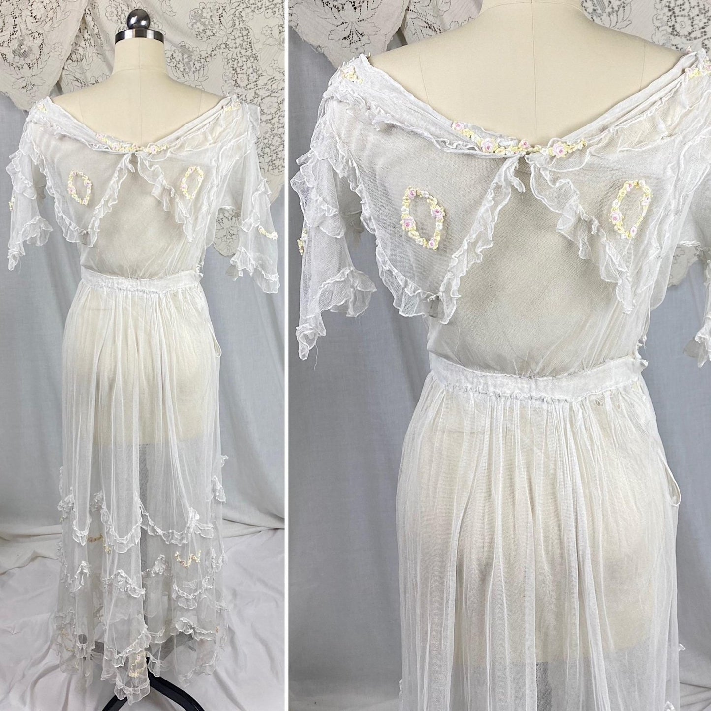 Edwardian Era 1910's Dress | Sheer Ruffled White Tulle with Pastel Hued Floral Embroidery | Size XXS - Daggers & Dames
