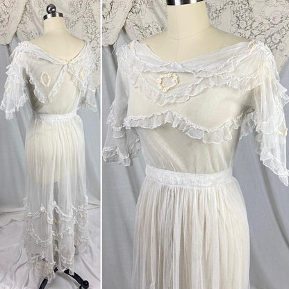 Edwardian Era 1910's Dress | Sheer Ruffled White Tulle with Pastel Hued Floral Embroidery | Size XXS - Daggers & Dames