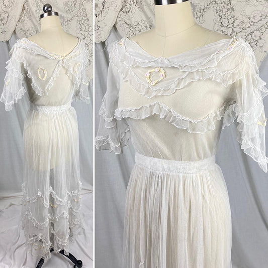 Edwardian Era 1910's Dress | Sheer Ruffled White Tulle with Pastel Hued Floral Embroidery | Size XXS - Daggers & Dames