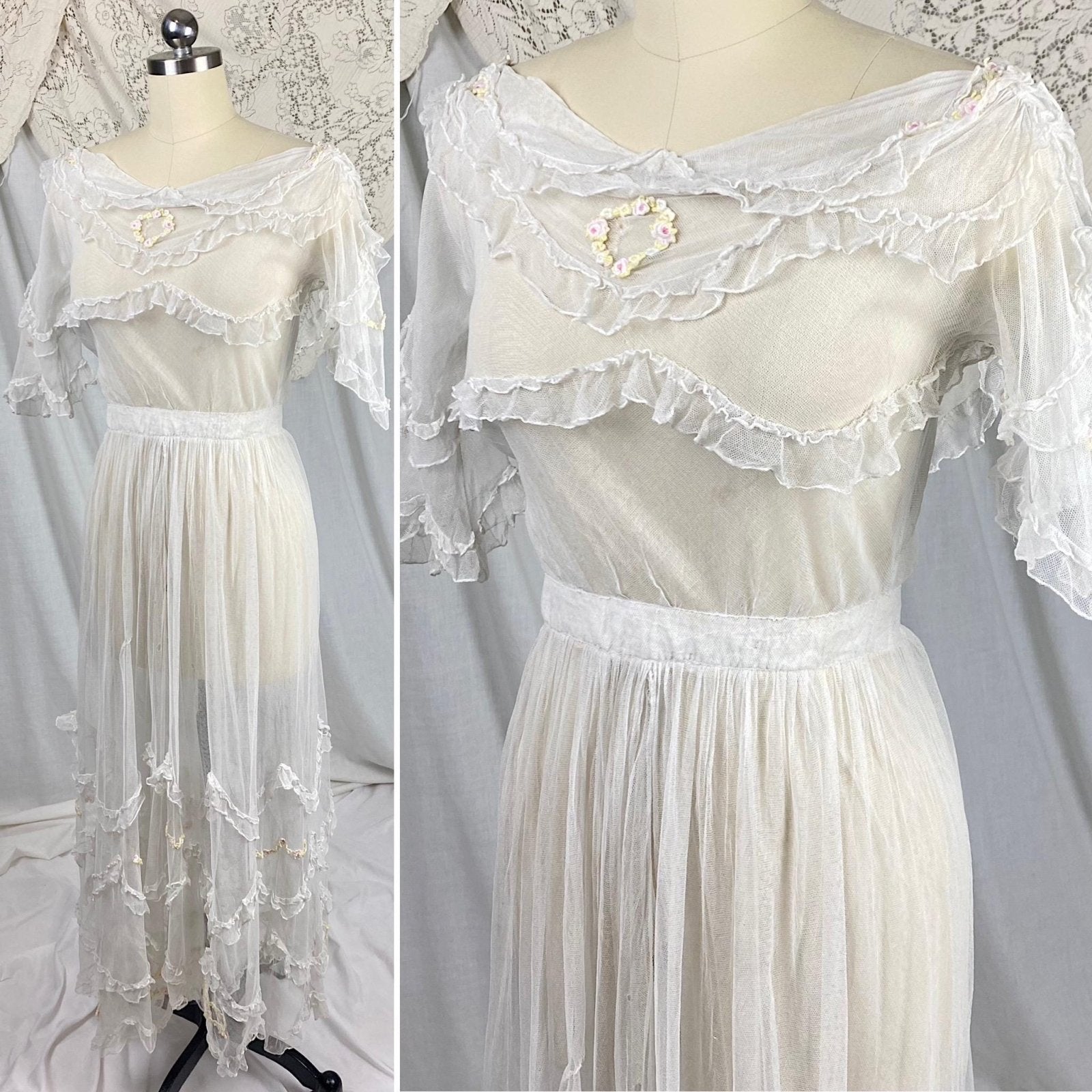 Edwardian Era 1910's Dress | Sheer Ruffled White Tulle with Pastel Hued Floral Embroidery | Size XXS - Daggers & Dames