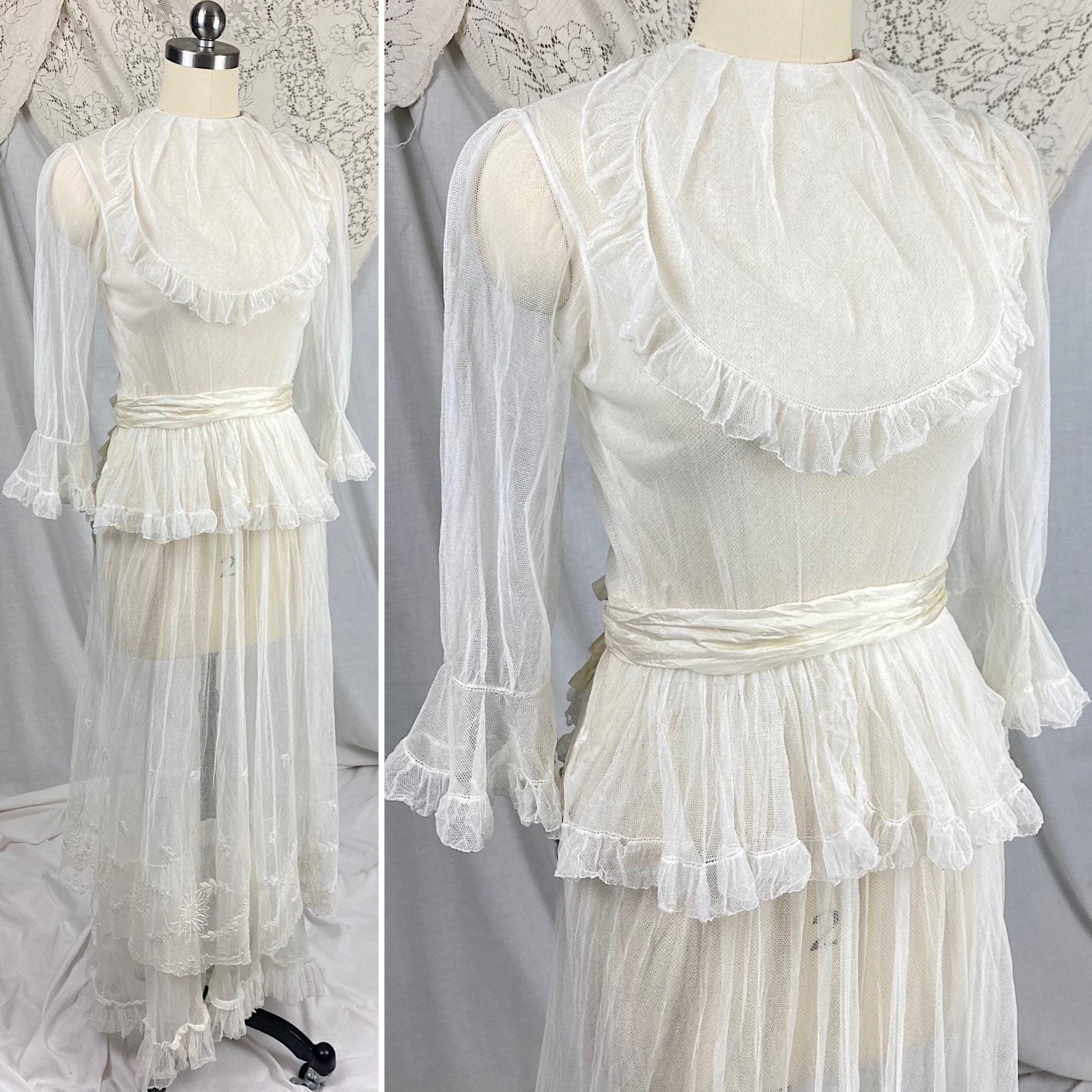 Edwardian Era 1910's Dress | Sheer White Tulle with Floral Embroidery & Ruffled Lace | Size XXS, XS - Daggers & Dames