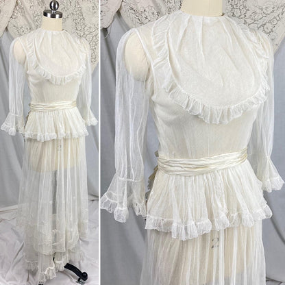 Edwardian Era 1910's Dress | Sheer White Tulle with Floral Embroidery & Ruffled Lace | Size XXS, XS - Daggers & Dames