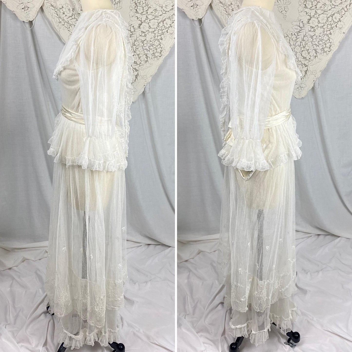 Edwardian Era 1910's Dress | Sheer White Tulle with Floral Embroidery & Ruffled Lace | Size XXS, XS - Daggers & Dames