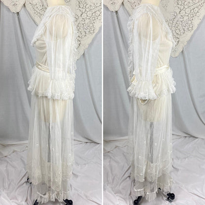 Edwardian Era 1910's Dress | Sheer White Tulle with Floral Embroidery & Ruffled Lace | Size XXS, XS - Daggers & Dames