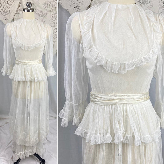Edwardian Era 1910's Dress | Sheer White Tulle with Floral Embroidery & Ruffled Lace | Size XXS, XS - Daggers & Dames